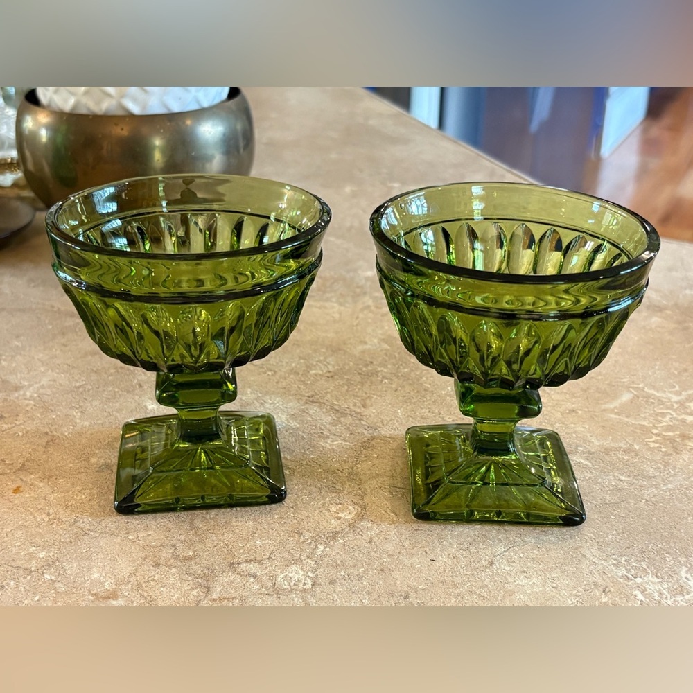 Vintage Avocado Green Pedestal Dessert Cups Set of 2 Retro Pressed Glass